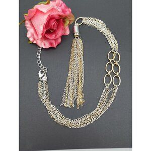 Chico's Two Tone Gold & Silver Multi Chain Pendant Necklace Rhinestone Accents L